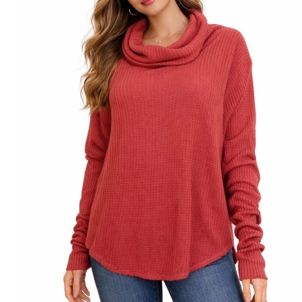Free People We the Free top blouse sweater waffle knit cowl/turtleneck thermal